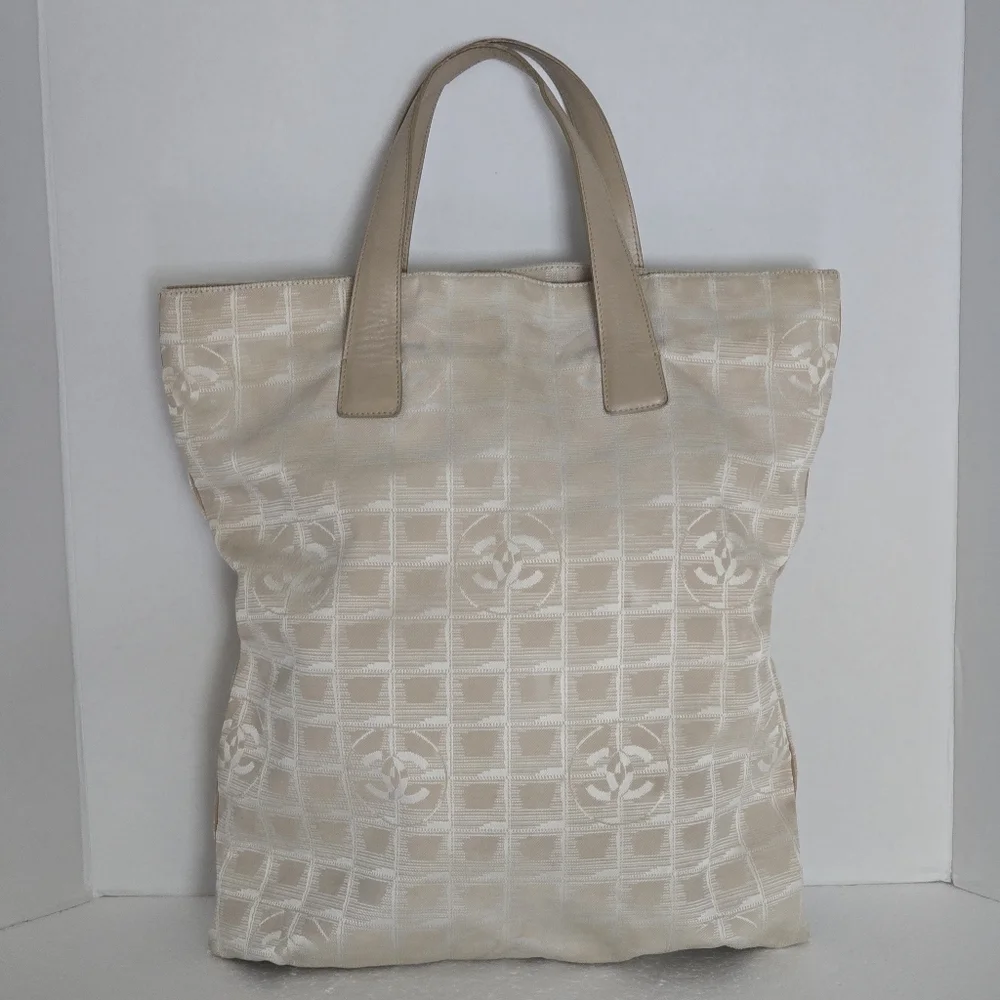Authentic Chanel Travel Line Beige Jaquard CC Logo Large Totebag